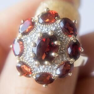 Gold Tone Sterling Silver Garnet Cluster Ring Size 6